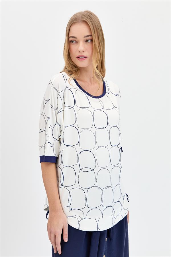 Womens Crew Neck Combed T-shirt with Ecru/Navy