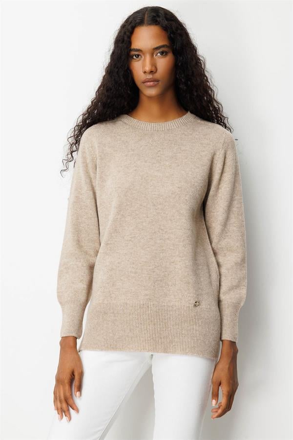 Kadın Sıfır Yaka Yanı Yırtmaçlı Yün Bluz K.Bej