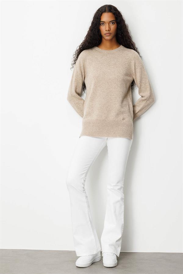 Kadın Sıfır Yaka Yanı Yırtmaçlı Yün Bluz K.Bej
