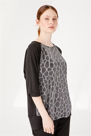 Kadın Sıfır Yaka Yarasa Kol Simli Penye Bluz Gri Siyah