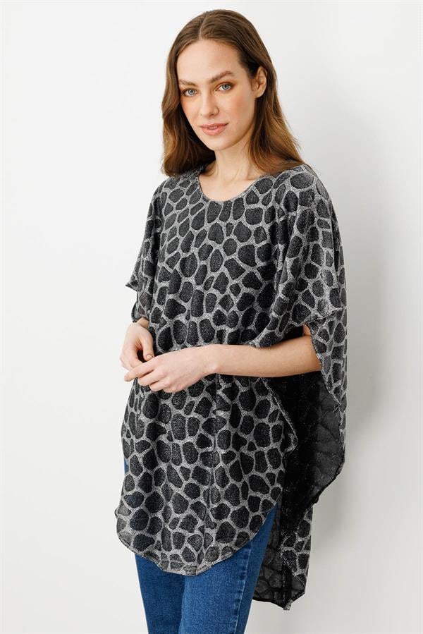 Kadın Sıfır Yaka Yarasa Kollu Simli Desenli Bluz Siyah