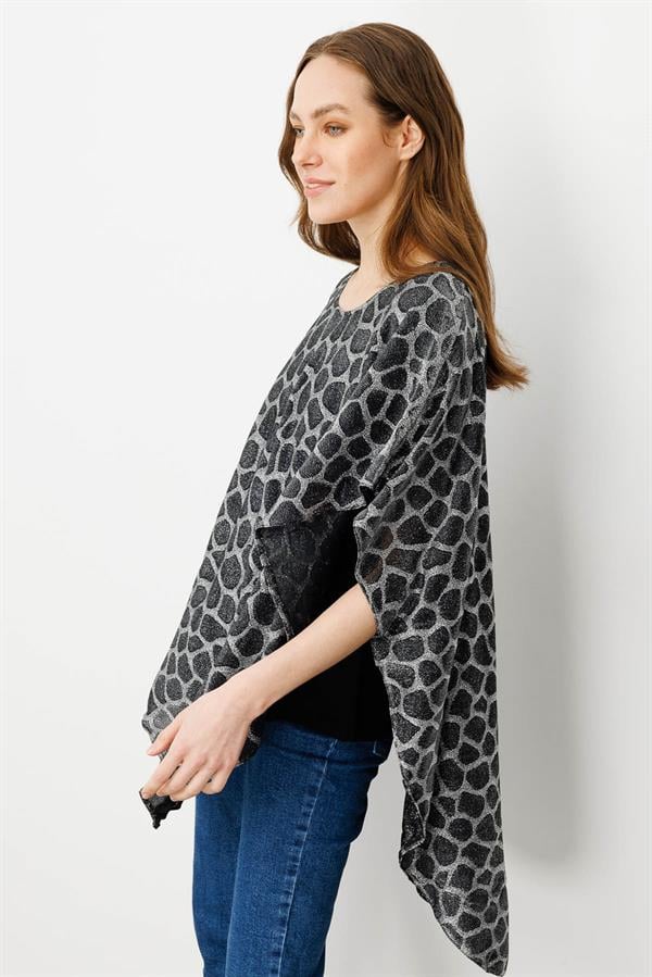 Kadın Sıfır Yaka Yarasa Kollu Simli Desenli Bluz Siyah