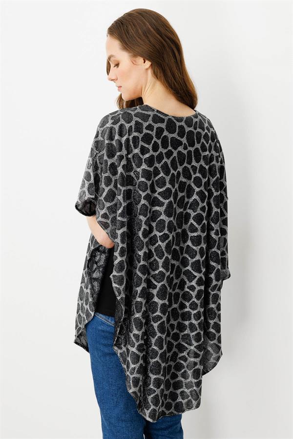 Kadın Sıfır Yaka Yarasa Kollu Simli Desenli Bluz Siyah