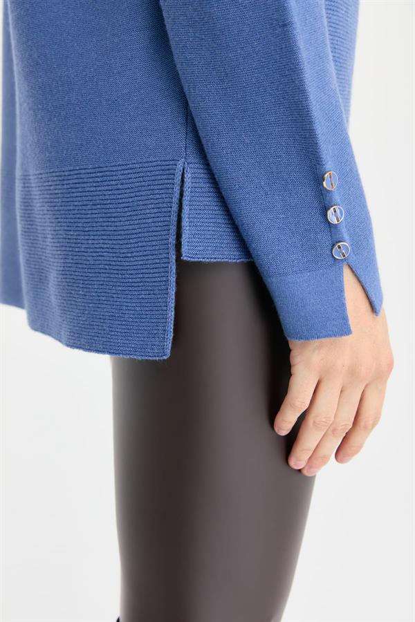 Kadın Sıfır Yaka Yırtmaçlı Kazak İndigo