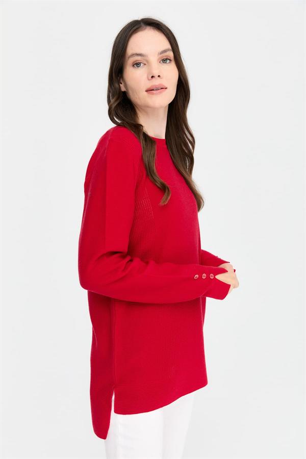 Kadın Sıfır Yaka Yırtmaçlı Kazak Kırmızı