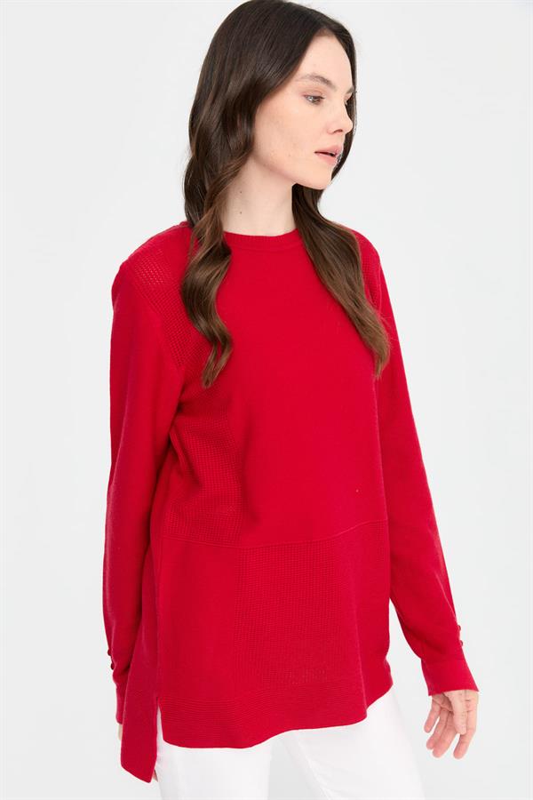 Kadın Sıfır Yaka Yırtmaçlı Kazak Kırmızı