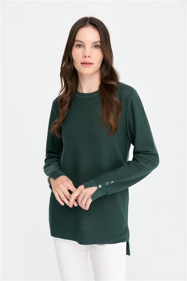 Kadın Sıfır Yaka Yırtmaçlı Kazak Yeşil