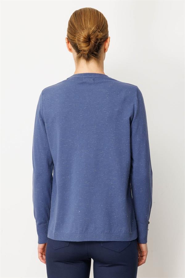 Kadın Sıfır Yaka Yırtmaçlı Yanı Düğmeli Kazak İndigo