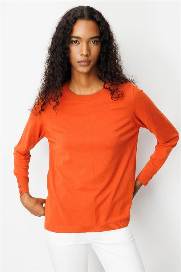 Kadın Sıfır Yaka Yırtmaçlı Yanı Düğmeli Kazak Portakal