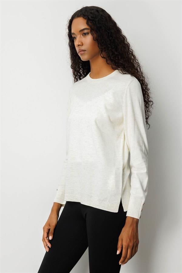 Kadın Sıfır Yaka Yırtmaçlı Yanı Düğmeli Kazak Kemik