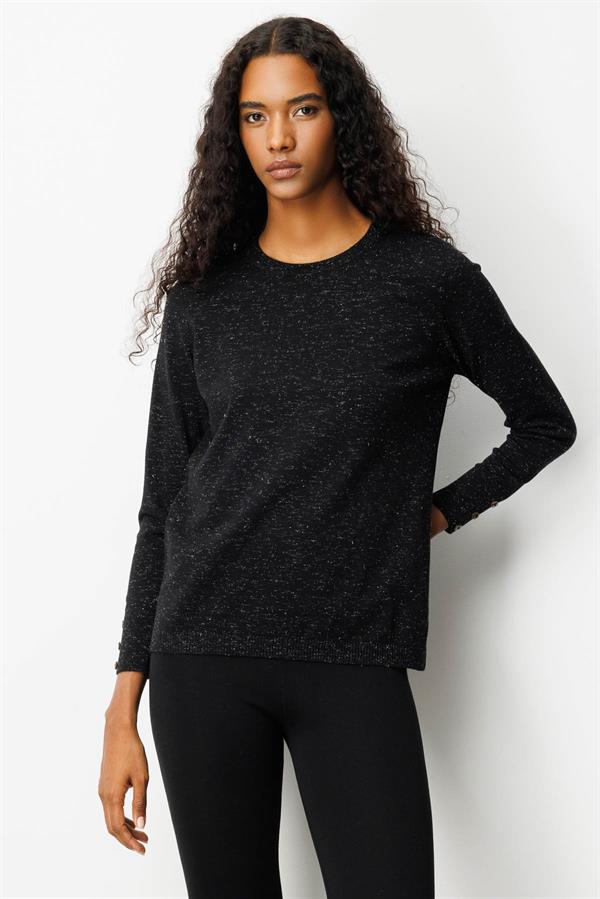 Kadın Sıfır Yaka Yırtmaçlı Yanı Düğmeli Kazak Siyah