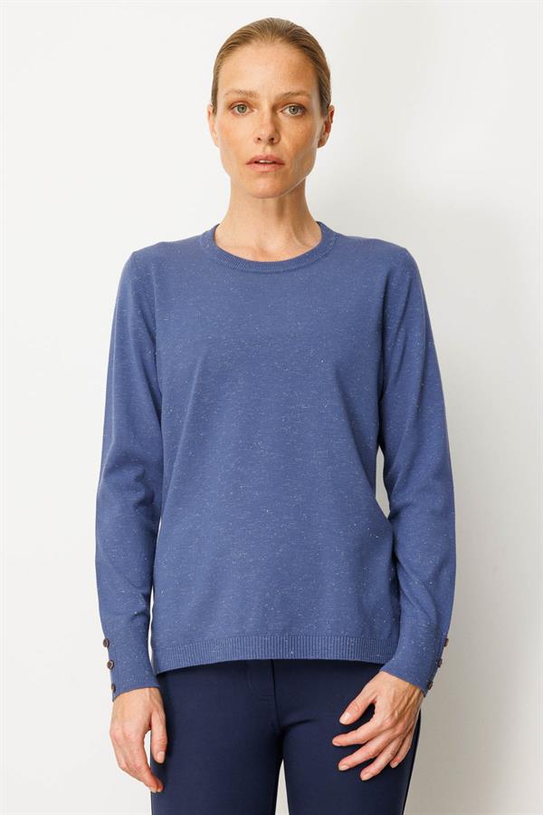 Kadın Sıfır Yaka Yırtmaçlı Yanı Düğmeli Kazak İndigo