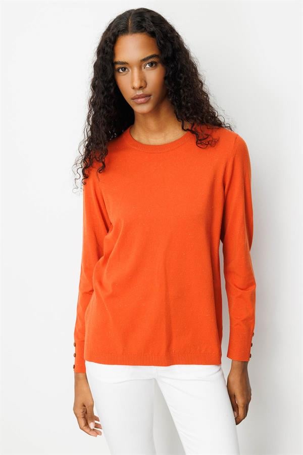 Kadın Sıfır Yaka Yırtmaçlı Yanı Düğmeli Kazak Portakal