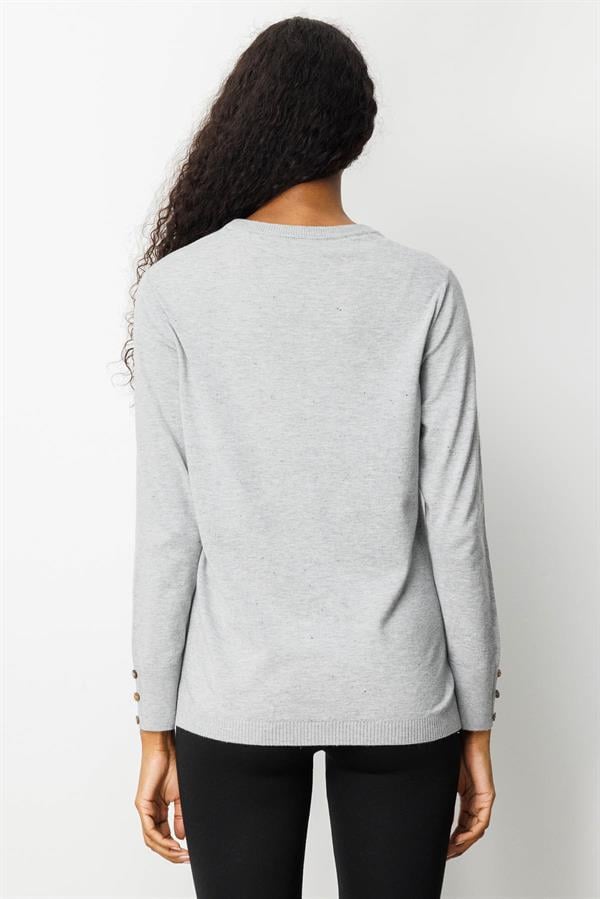 Kadın Sıfır Yaka Yırtmaçlı Yanı Düğmeli Kazak Gri