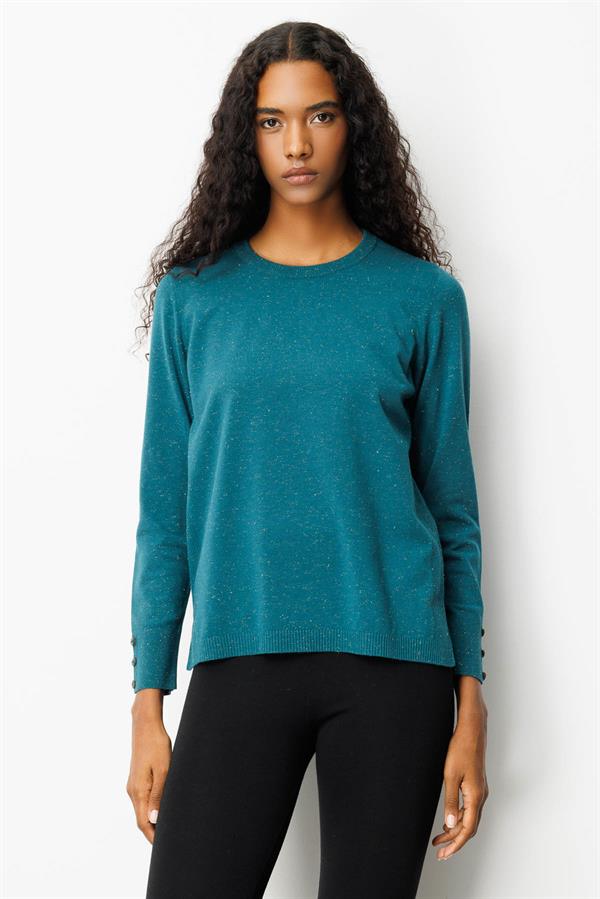 Kadın Sıfır Yaka Yırtmaçlı Yanı Düğmeli Kazak Yeşil