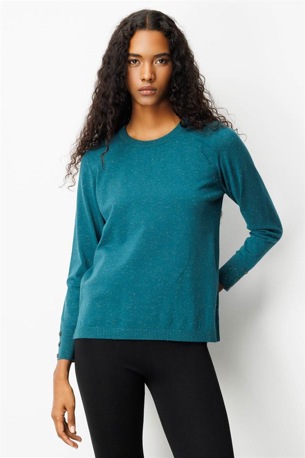 Kadın Sıfır Yaka Yırtmaçlı Yanı Düğmeli Kazak Yeşil