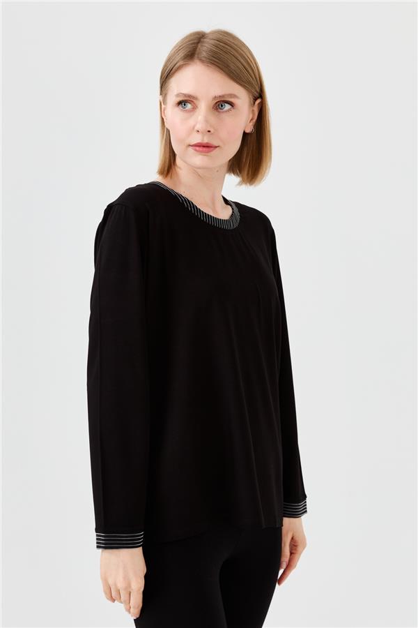 Женская хлопковая блуза с круглым вырезом и тесьмой цепь черная