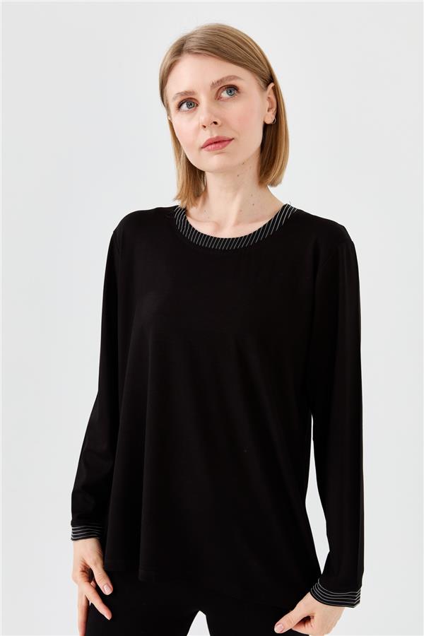 Женская хлопковая блуза с круглым вырезом и тесьмой цепь черная