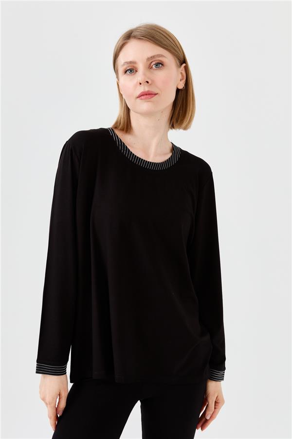 Женская хлопковая блуза с круглым вырезом и тесьмой цепь черная