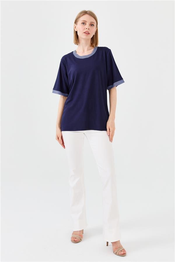 Kadın Sıfır Yaka Zincir Bantlı Penye T-shirt Lacivert
