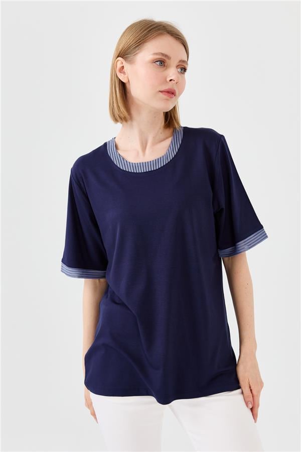 Kadın Sıfır Yaka Zincir Bantlı Penye T-shirt Lacivert