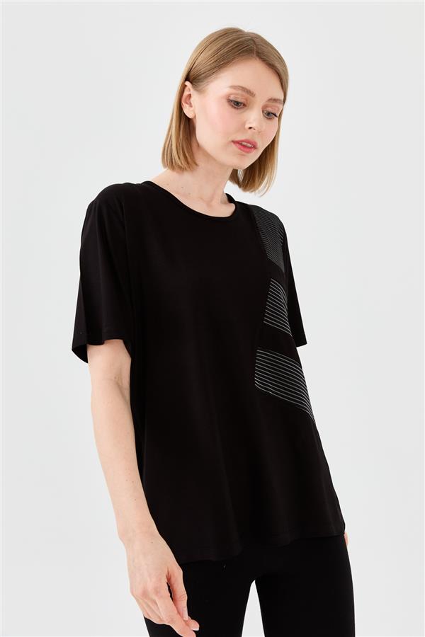 Womens Crew Neck Chain Fabric Combed T-shirt Black