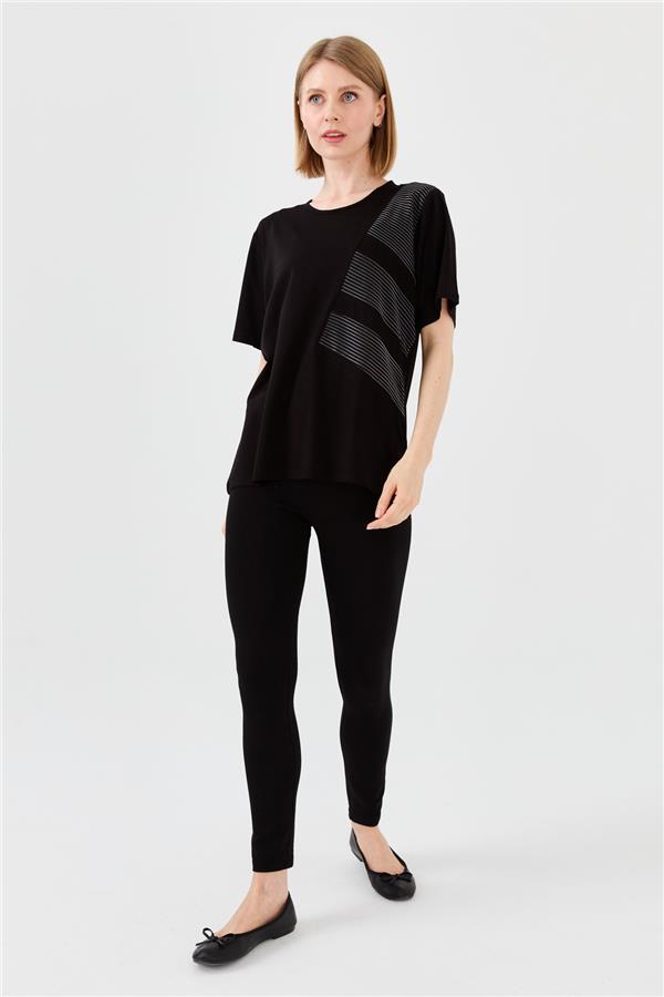 Womens Crew Neck Chain Fabric Combed T-shirt Black