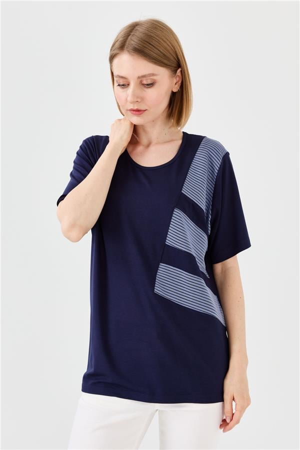 Kadın Sıfır Yaka Zincir Kumaşlı Penye T-shirt Lacivert