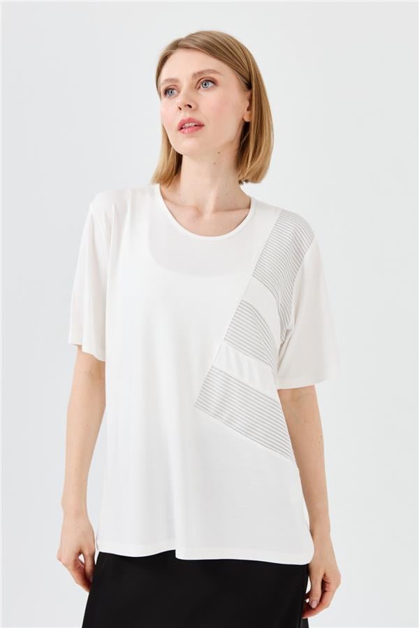 Kadın Sıfır Yaka Zincir Kumaşlı Penye T-shirt Kemik