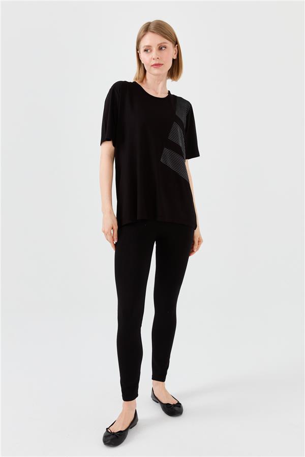 Womens Crew Neck Chain Fabric Combed T-shirt Black