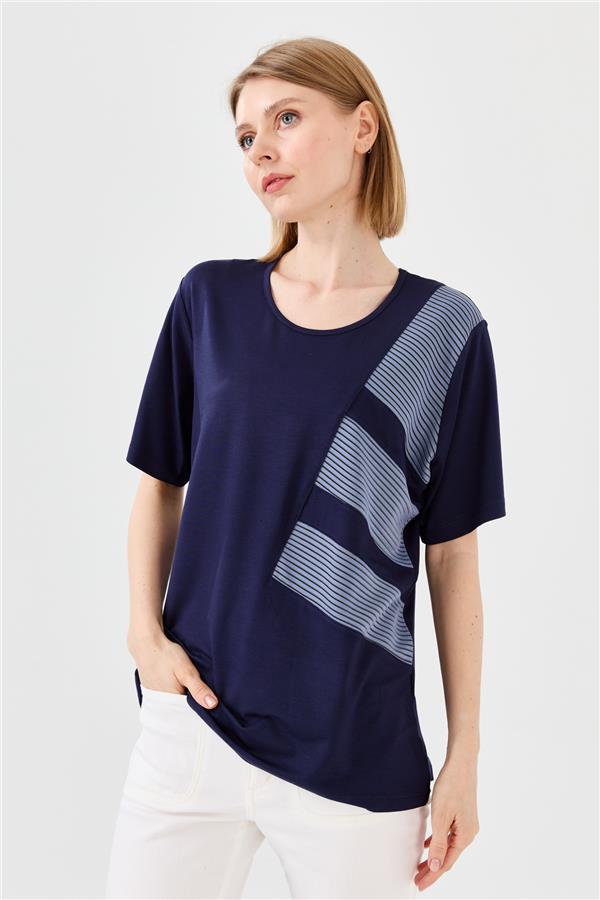 Kadın Sıfır Yaka Zincir Kumaşlı Penye T-shirt Lacivert