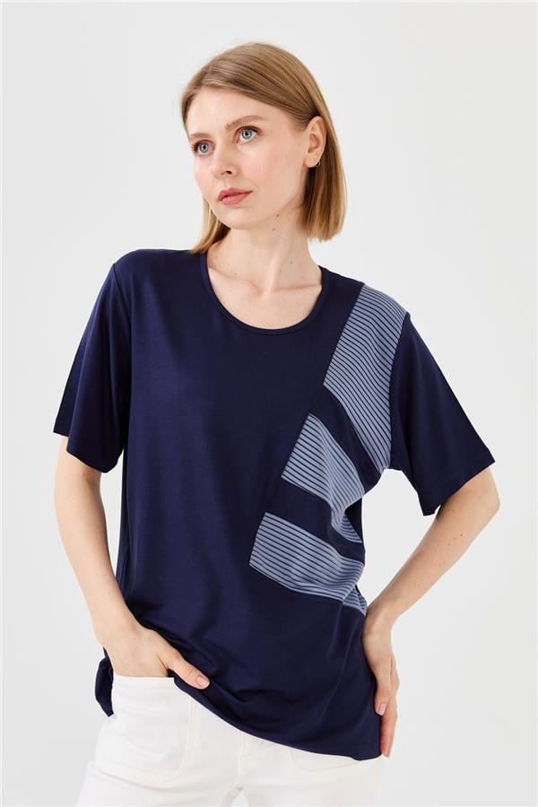 Kadın Sıfır Yaka Zincir Kumaşlı Penye T-shirt Lacivert