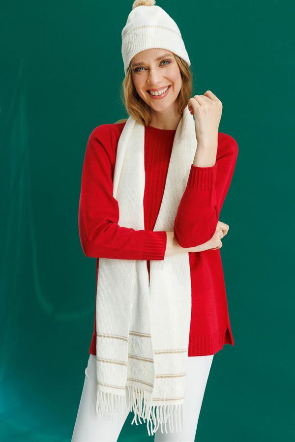 Kadın Simli Jakarlı Ponponlu Yün Şapka Kemik