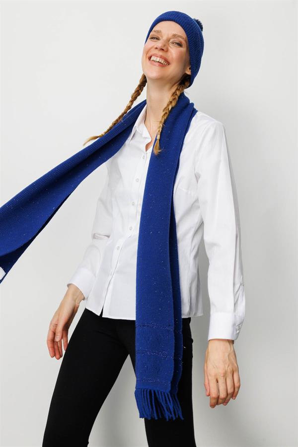 Kadın Simli Jakarlı Püsküllü Yün Kaşkol K.S.Mavi