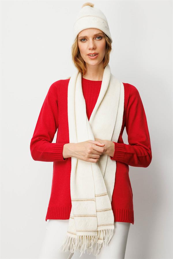 Kadın Simli Jakarlı Püsküllü Yün Kaşkol Kemik