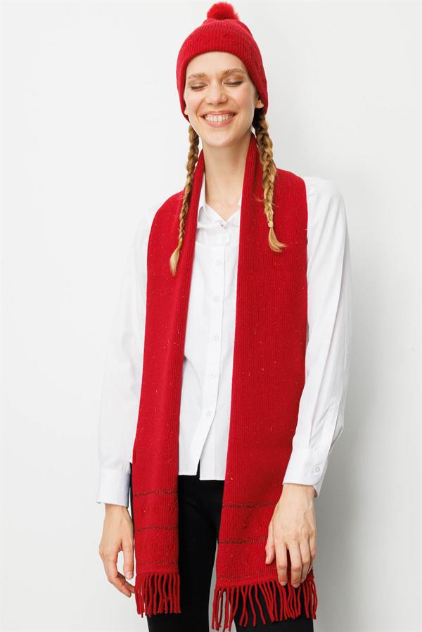 Kadın Simli Jakarlı Püsküllü Yün Kaşkol K.Kırmızı