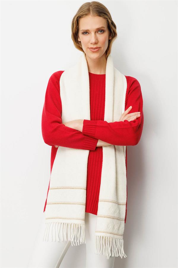 Kadın Simli Jakarlı Püsküllü Yün Kaşkol Kemik