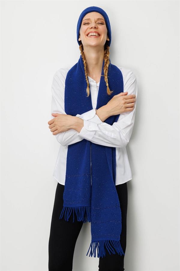 Kadın Simli Jakarlı Püsküllü Yün Kaşkol K.S.Mavi