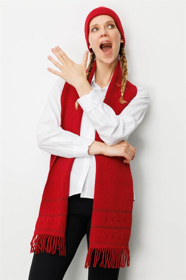 Kadın Simli Jakarlı Püsküllü Yün Kaşkol K.Kırmızı