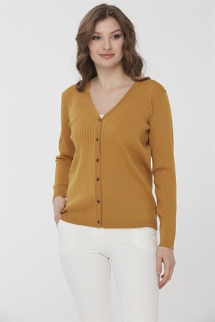 Женский трикотажный летний кардиган с люрексом горчичного цвета