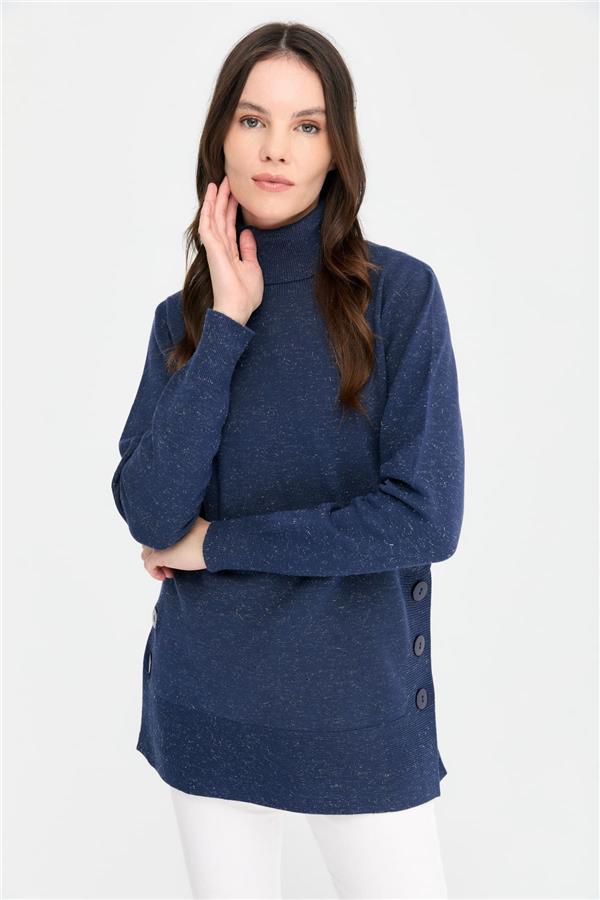 Kadın Tam Balıkçı Yaka Dikişsiz Kazak Lacivert