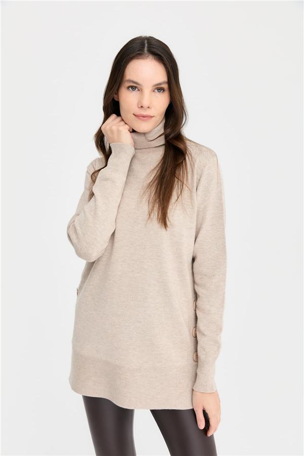 Kadın Tam Balıkçı Yaka Dikişsiz Kazak B.Melanj