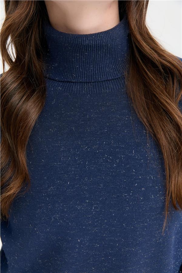 Kadın Tam Balıkçı Yaka Dikişsiz Kazak Lacivert