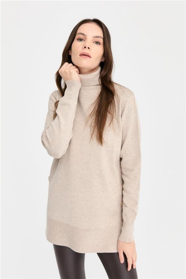 Kadın Tam Balıkçı Yaka Dikişsiz Kazak B.Melanj