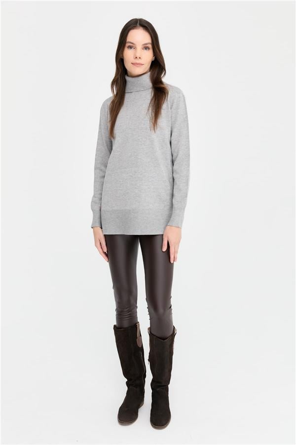 Kadın Tam Balıkçı Yaka Dikişsiz Kazak Gri