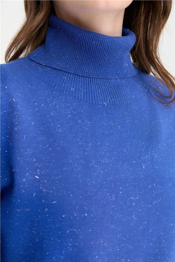 Kadın Tam Balıkçı Yaka Dikişsiz Kazak Saks