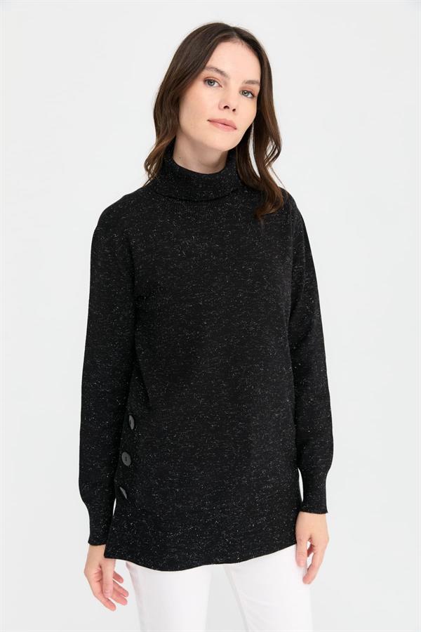 Kadın Tam Balıkçı Yaka Dikişsiz Kazak Siyah
