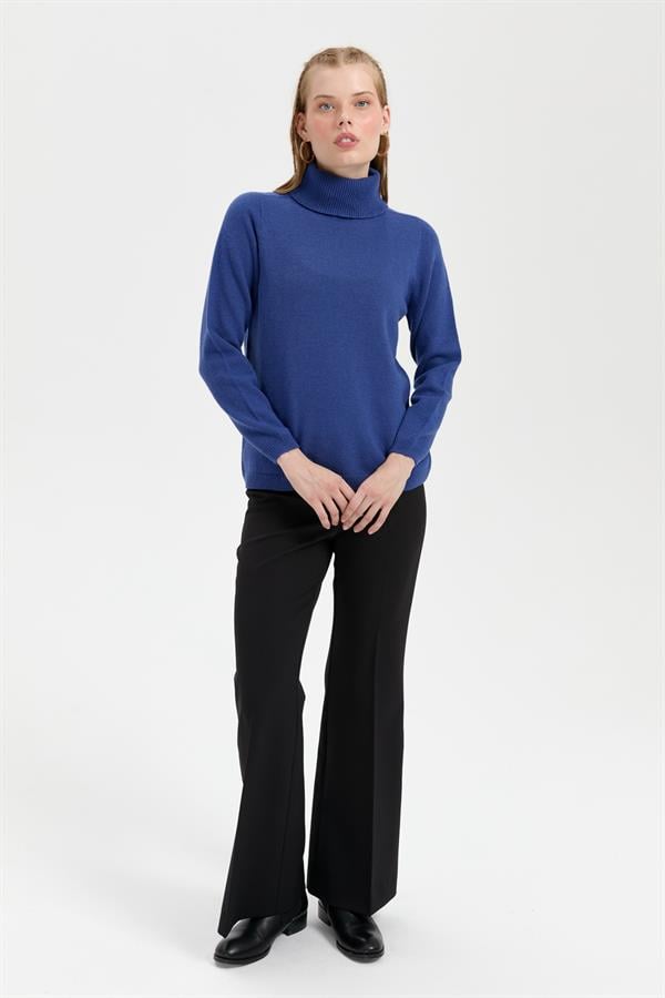 Kadın Tam Balıkçı Yaka Klasik Yün Kazak Mavi