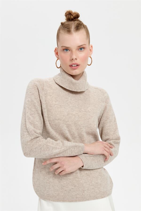 Kadın Tam Balıkçı Yaka Klasik Yün Kazak V.Bej