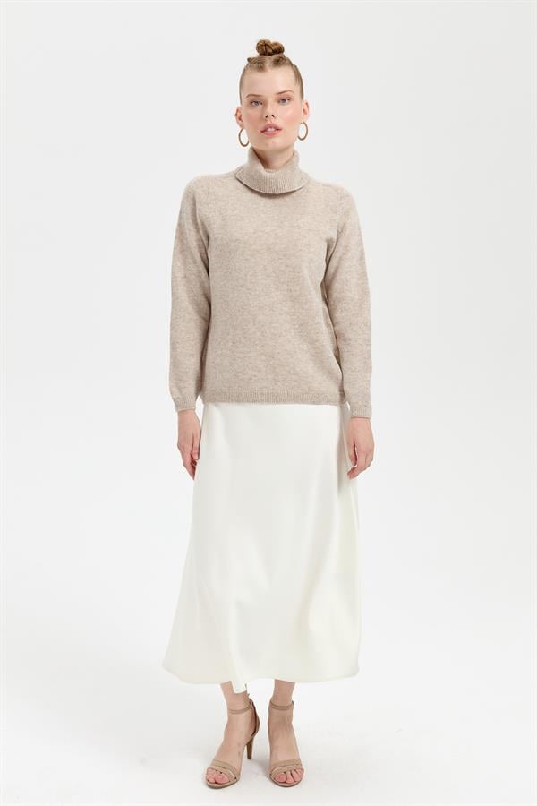 Kadın Tam Balıkçı Yaka Klasik Yün Kazak V.Bej